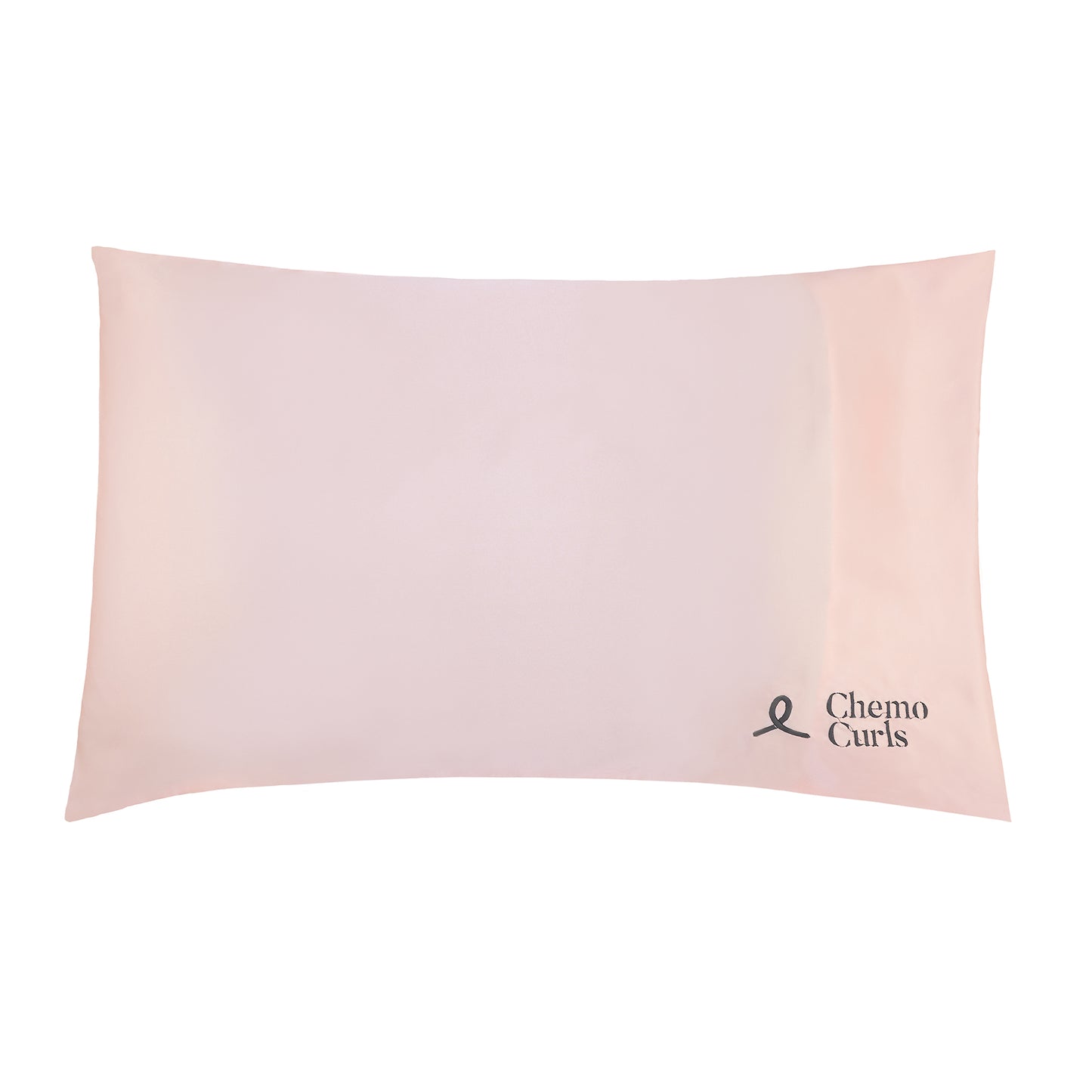 An image of a pink satin pillowcase with a sleek and smooth surface. The soft pink color of the pillowcase exudes elegance and sophistication. The Chemo Curls logo is skillfully embroidered in black thread on the lower left corner, adding a personalized touch. The satin fabric catches the light, creating a subtle sheen and highlighting the luxurious texture. This image portrays a sense of comfort, style, and attention to detail.