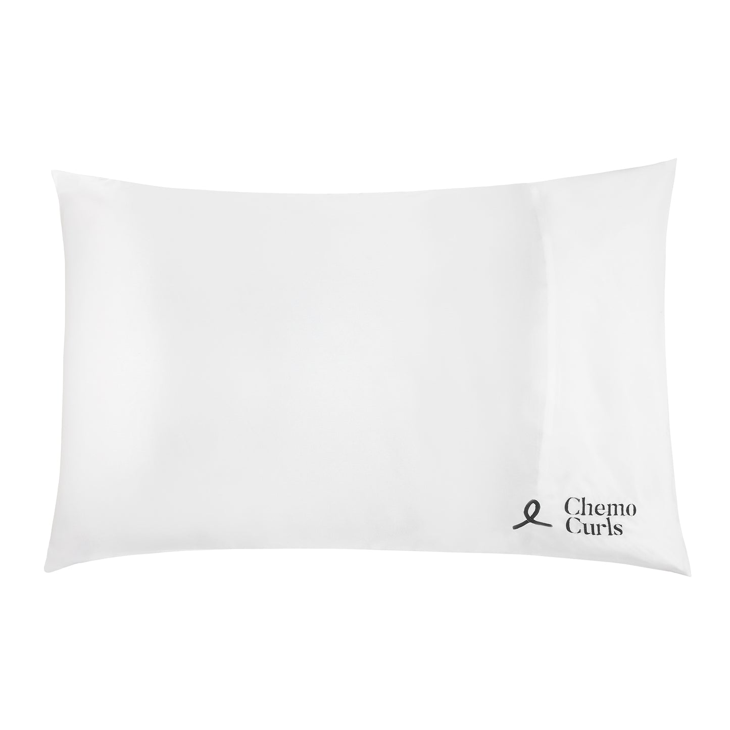 An image of a white satin pillowcase with a sleek and smooth surface. The soft white color of the pillowcase exudes elegance and sophistication. The Chemo Curls logo is skillfully embroidered in black thread on the lower left corner, adding a personalized touch. The satin fabric catches the light, creating a subtle sheen and highlighting the luxurious texture. This image portrays a sense of comfort, style, and attention to detail